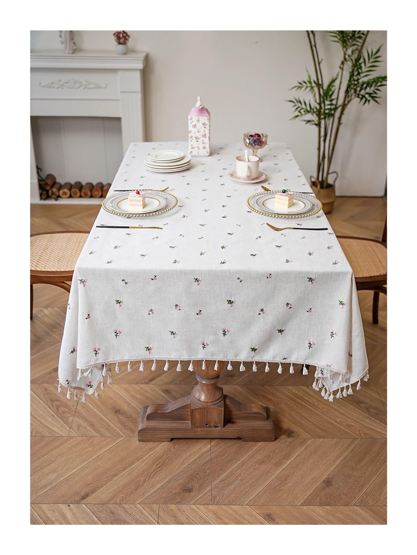 Mantel de Navidad Small Fresh Pink Flower Embroidery Hanging Spike Tablecloth Living Room Kitchen Dining Table Decoration(140x140cm)