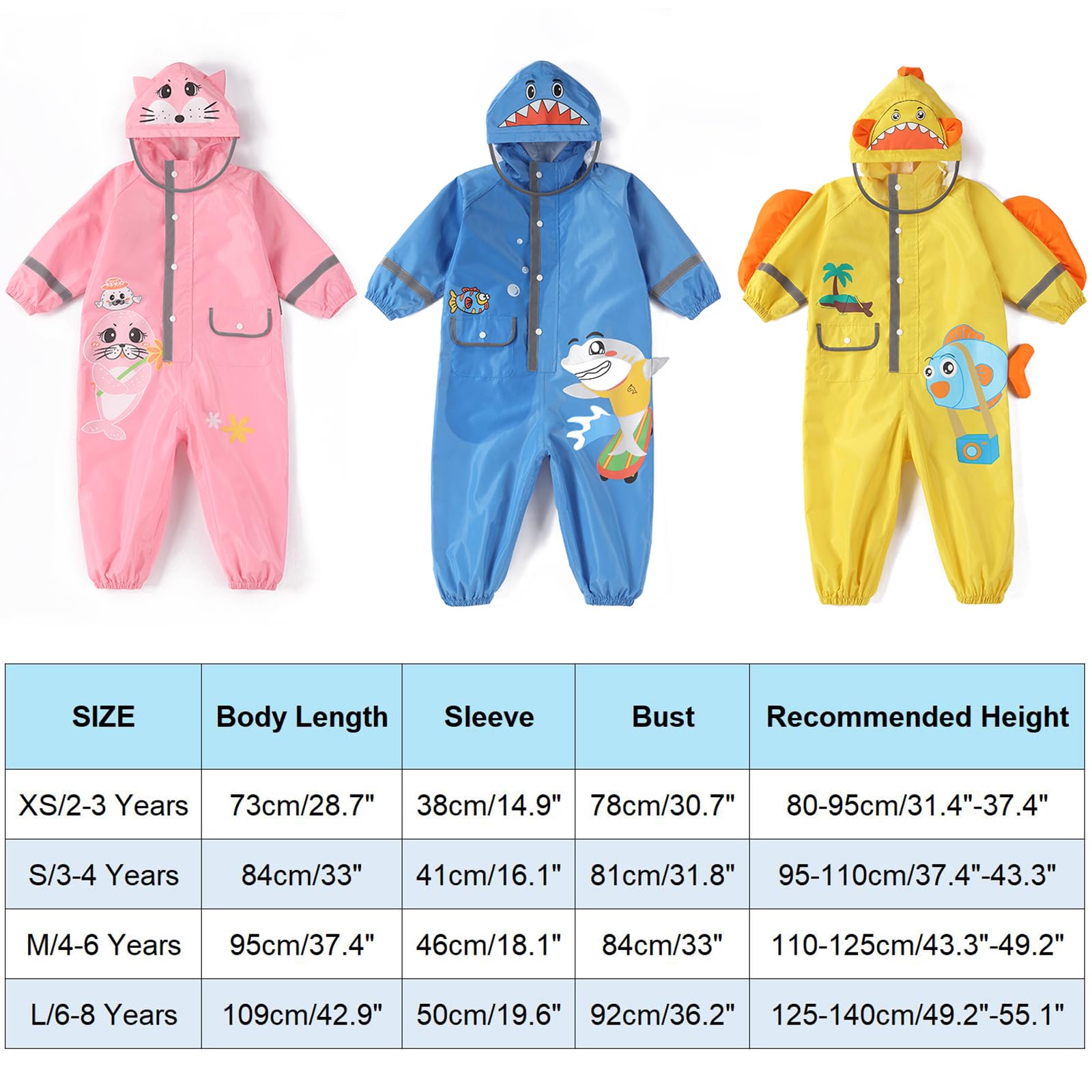 Enfants Imperméable - Garçons Filles Combinaison de Pluie Manteau de Pluie Motif de Dessin Animé Mignon Veste de Pluie Légère Onesie Vêtements de Pluie 2-8 Ans