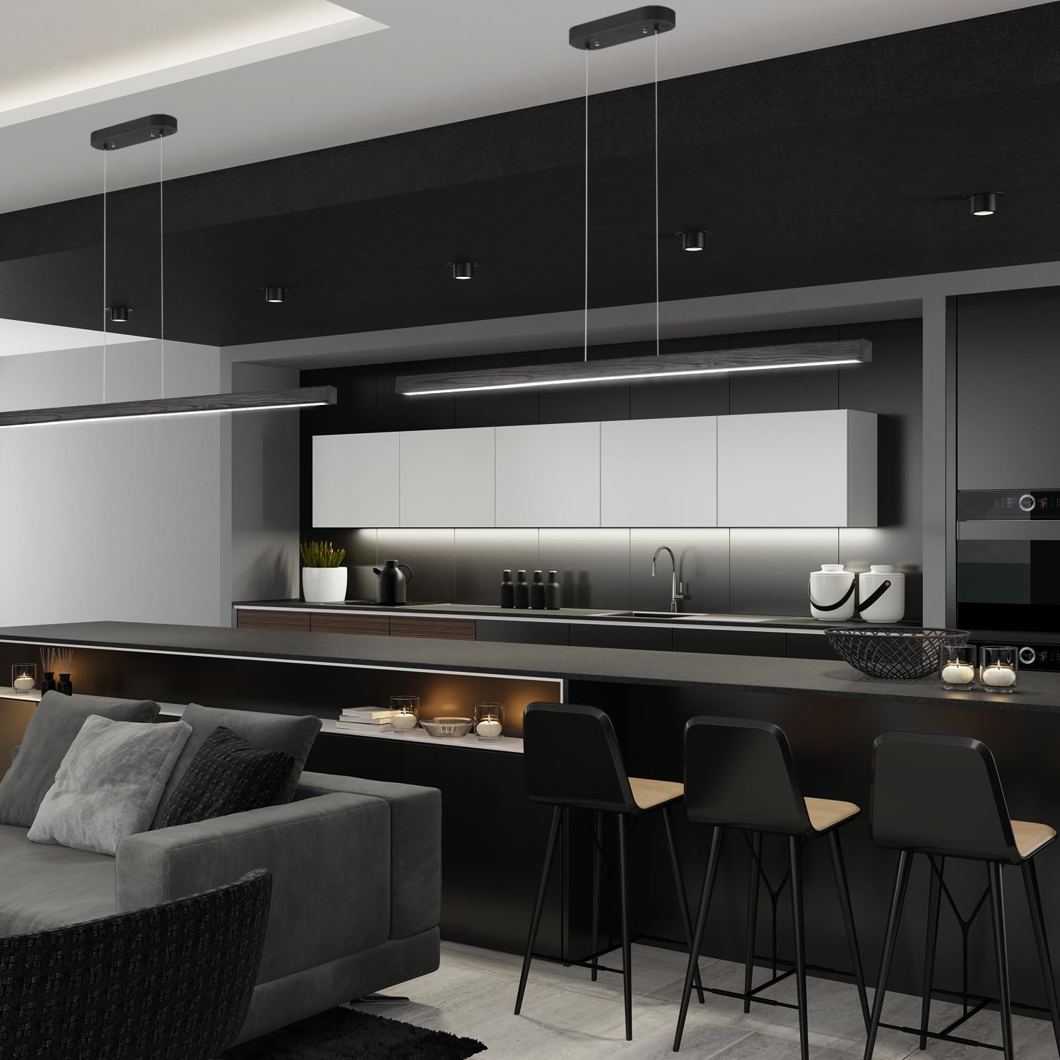 31.5" Black Linear Pendant Light Wooden Led Linear Pendant Light Fixtures Ceiling Hanging Dimmable Pendant Lights for Dining Room Kitchen Island Pool Table Lights Black Wood Finish