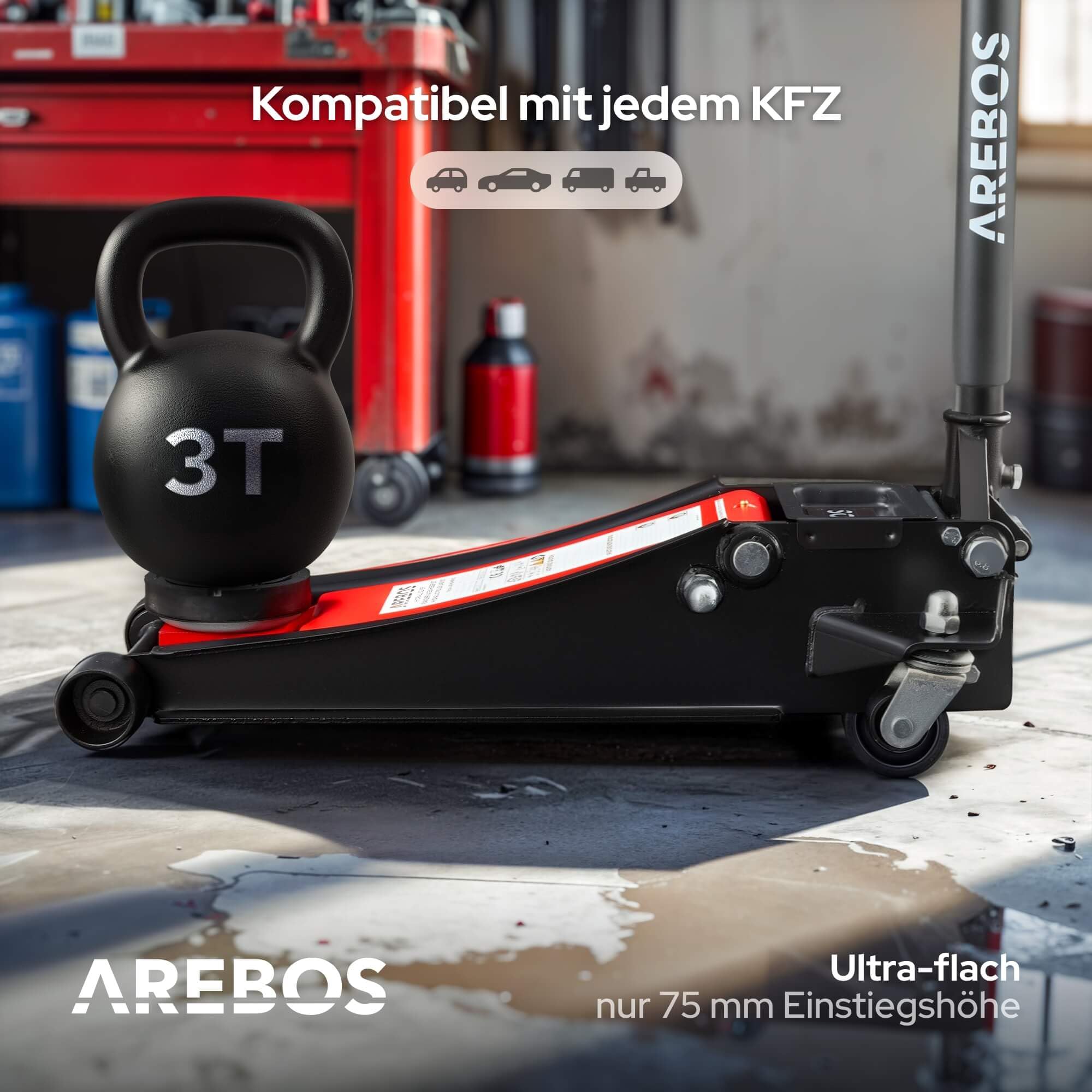 Arebos 3T Hydraulischer Rangierwagenheber flach | 2X Unterstellbock | 3 Tonnen Tragkraft | 2 Auflagen | Rangierwagenheber für Werkstatt und Hobby | Wagenheber Jack | Heber Ständer KFZ Auto PKW