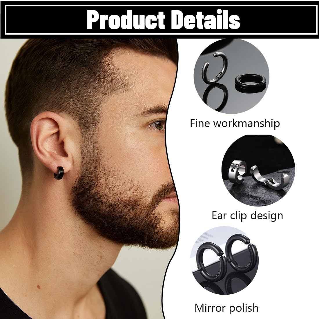 3 Paia Orecchini uomo, Orecchini da Uomo Donna in Acciaio Inossidabile,Clip Senza Buco Inossidabile cerchi orecchini non piercing clip in acciaio, Senza Buco