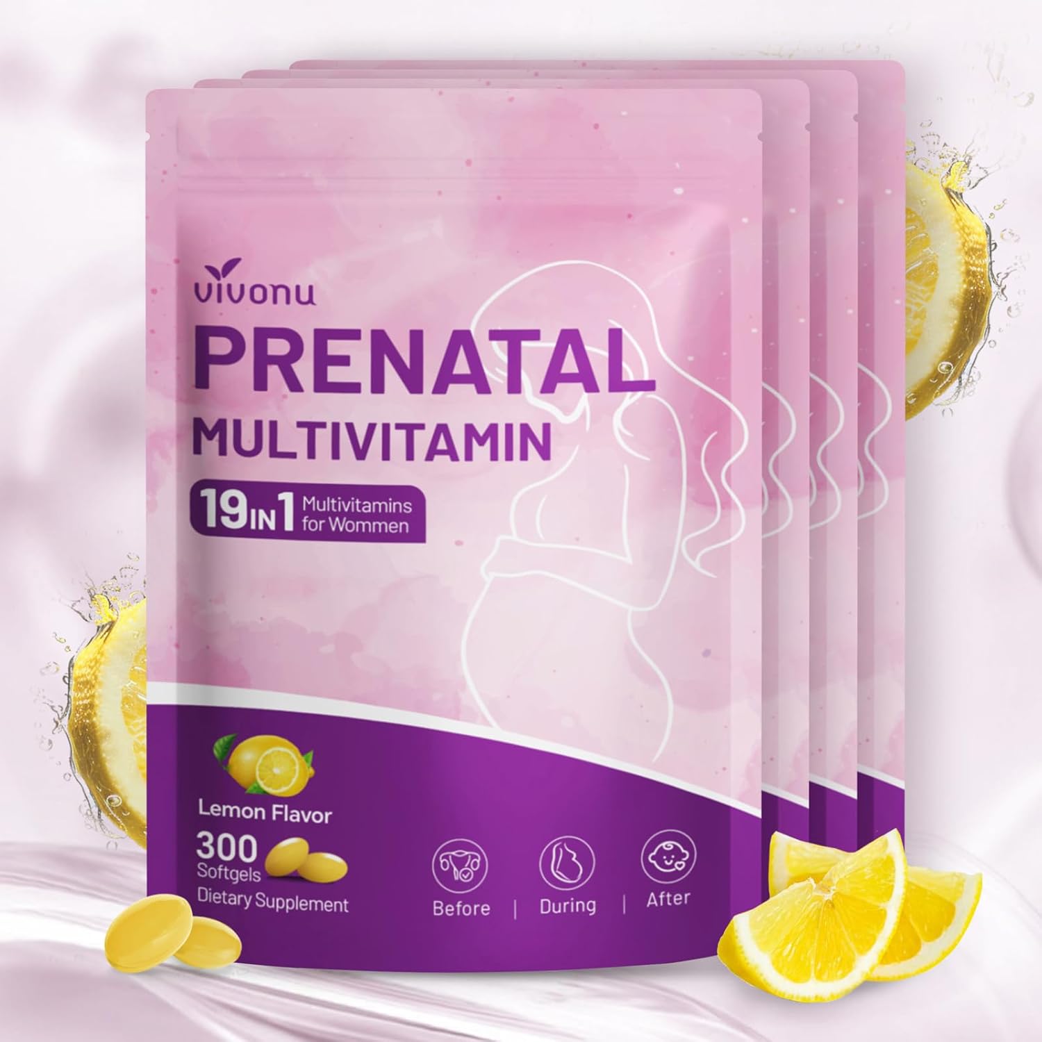 VivoNu 19 in 1 Prenatal Multivitamin, 1200 Softgels Prenatal Vitamins, Lemon Flavor, Before, During & Post Pregnancy with Folic Acid, Probiotic, Biotin, Zinc, Vitamin D3, K2, B6, B12, C & More, 4 Bag