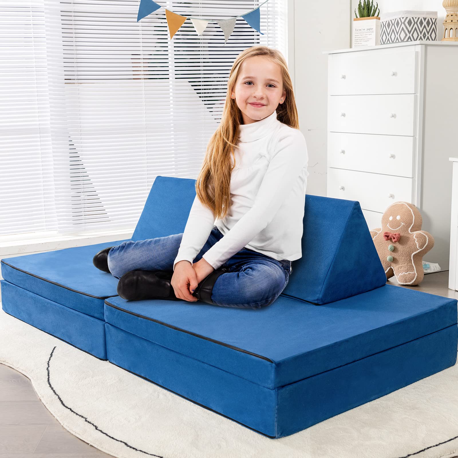 Modułowy zestaw sofy do zabawy dla dzieci – 4-częściowy miękki kanapa ze składanymi matami i 2 poduszkami zmywalny pokrowiec rozkładana sofa łóżko do pokoju zabaw i zajęć w pokoju dziecięcym