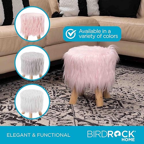 Miniatura 6 de BIRDROCK HOME Taburete otomano de piel sintética, silla de tocador tapizada con patas de madera natural, asiento acolchado suave y compacto para