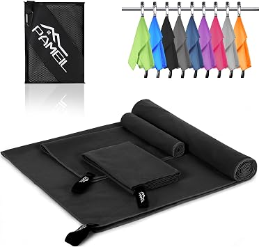 Pameil Microfibre Towel,3 Set80 x 40cm x2 +160 x 80cm Large Microfibre,Quick Dry Towel,Gym Workout Travel Swimming Beach Camp Outdoor Hiking Black