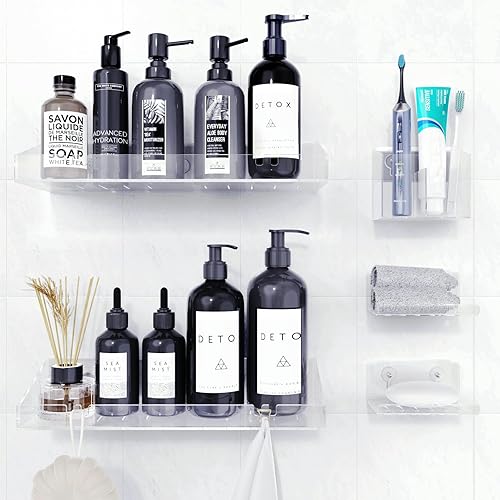 Miniatura 7 de Organizador adhesivo para ducha, paquete de 5 estantes acrílicos para ducha, organizadores de baño con gran capacidad, estantes sin perforaciones