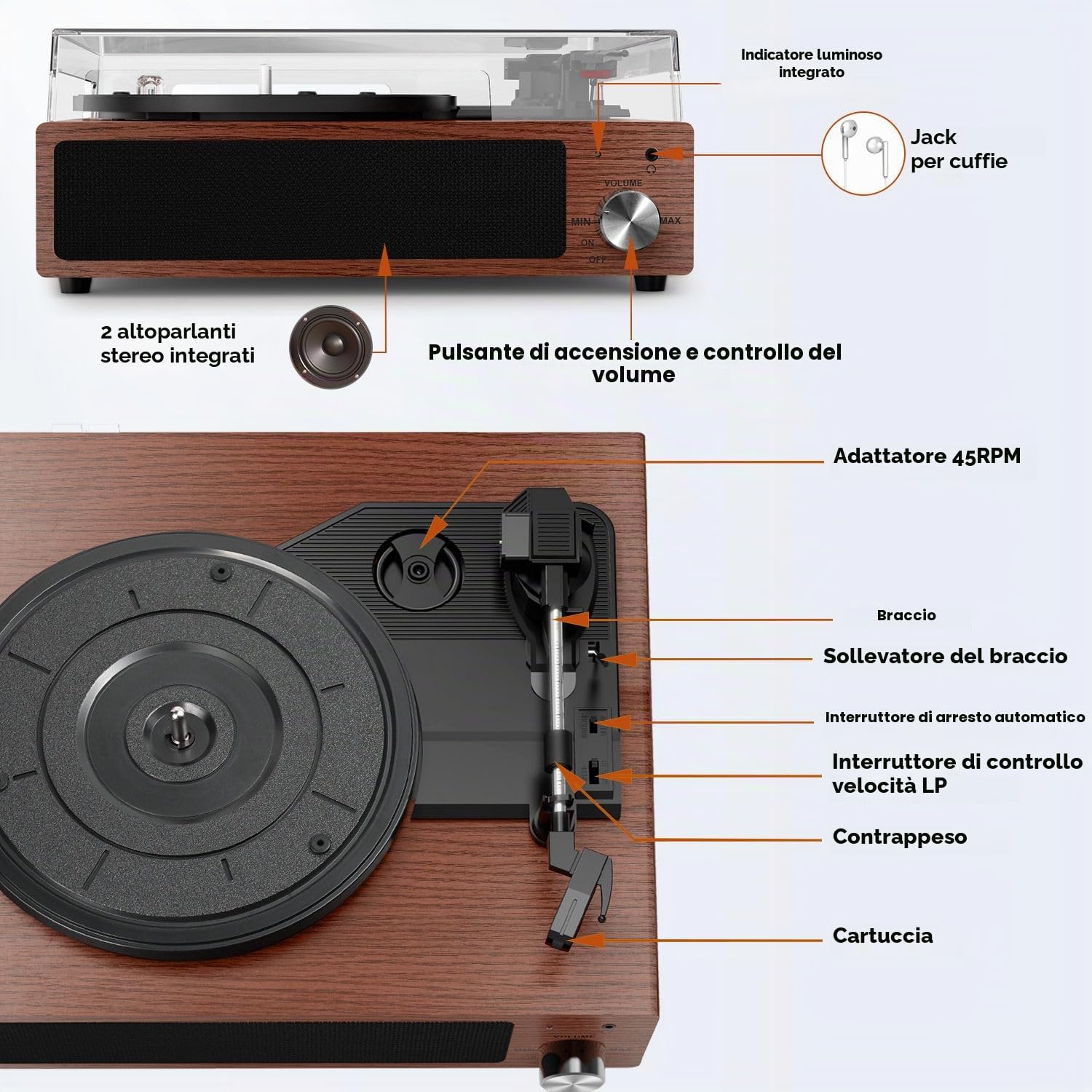 FYDEE Giradischi Vinile Vintage 3 Velocità 33/45/78 Giri Bluetooth Altoparlanti Integrati Auto-Stop RCA AUX Cuffie Mogano
