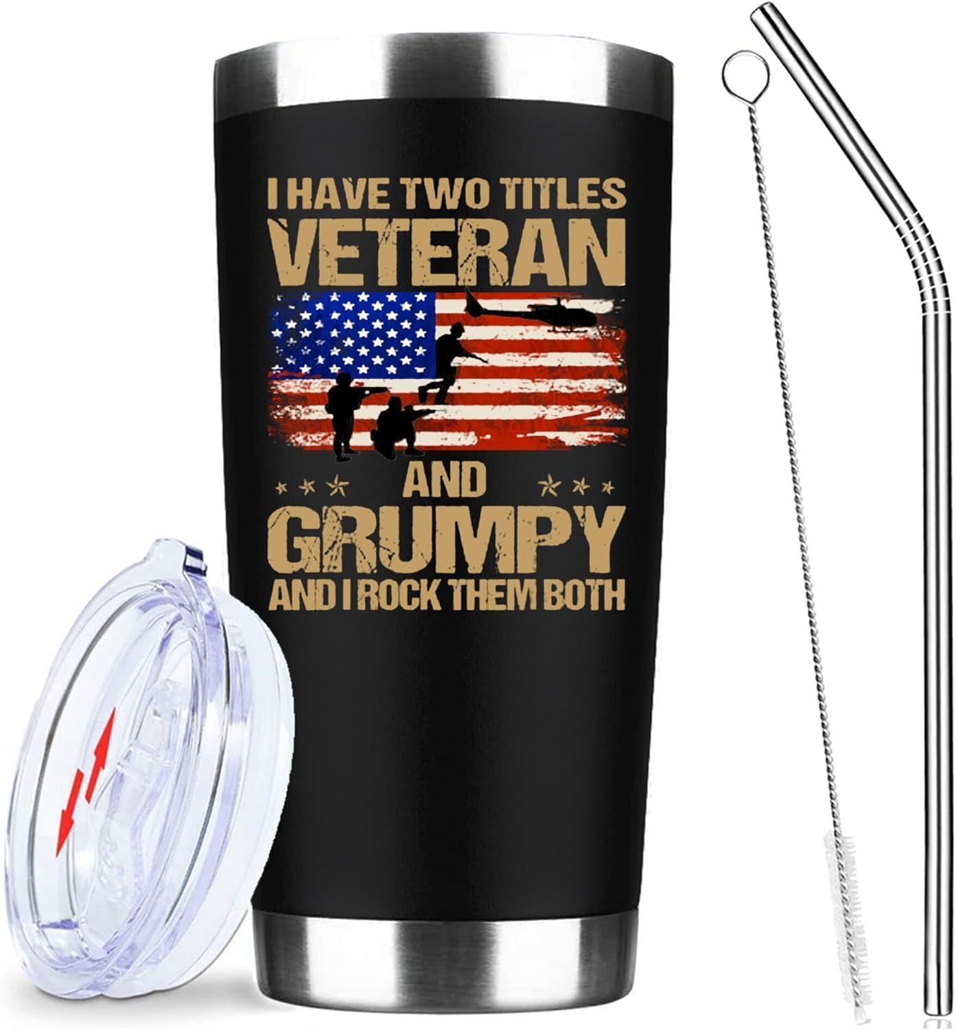 Veteran Tumbler, 20oz Military Insulated Travel Mug with Lid & Straw, Double Wall Stainless Steel Coffee Cup, Funny Veteran Gifts for Men, Grandpa, Dad, Army Retired Birthday Christmas Veterans Day