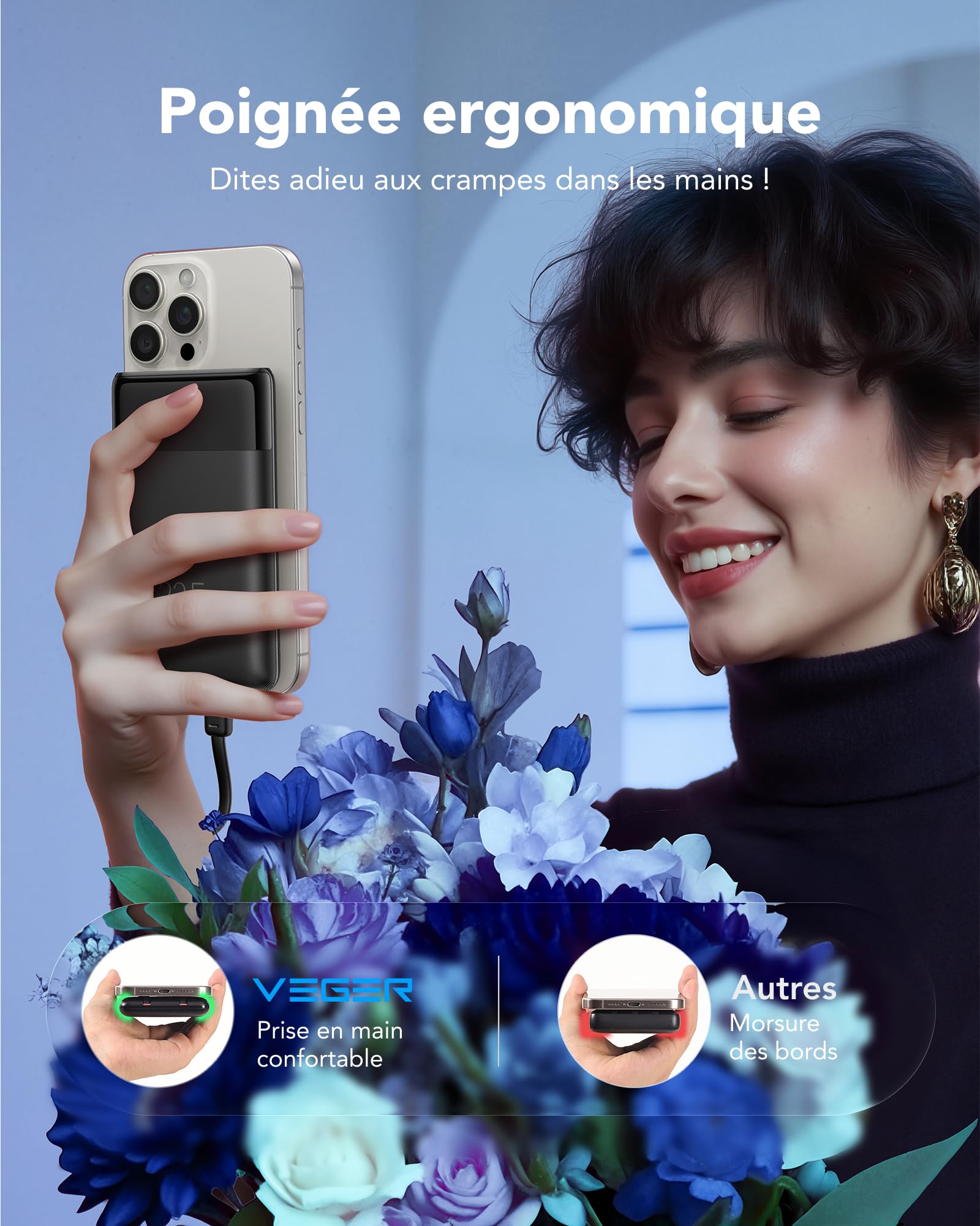 VEGER Batterie Externe 10000mah avec Câble Intégré, Power Bank 22.5W Charge Rapide Portable, Fin Compact Chargeur USB C avec écran LED, 4 Sorties et 3 Entrées, Compatible avec iPhone Huawei Xiaomi