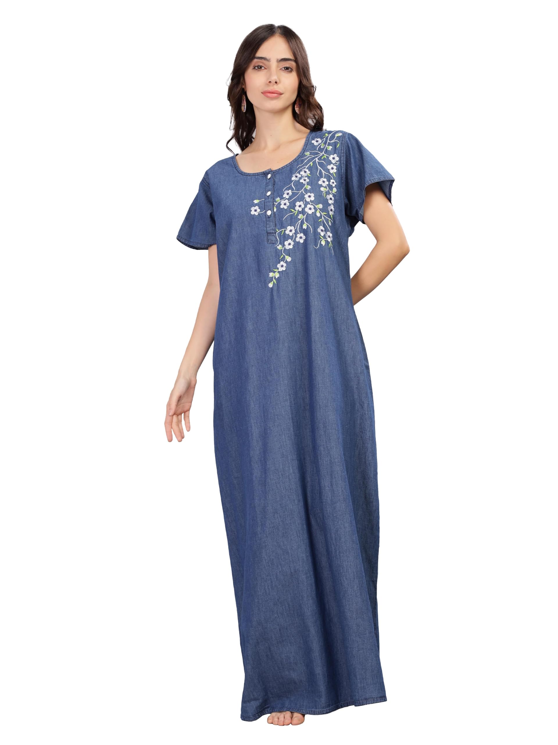 9shines label Stylish Denim Cotton Nighty Maxi for Women | Full Length Trendy Nightgown | Premium Nightdress | Nightwear | Embroidery Nighty with Pocket (9SDS)-picture-55