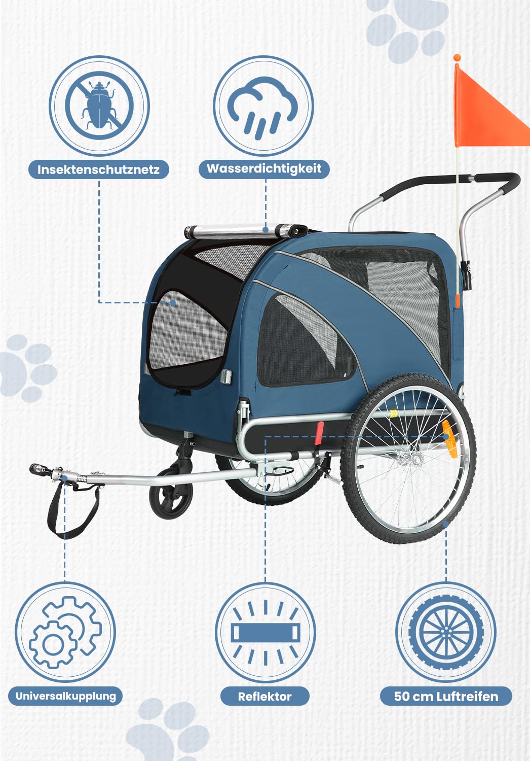 Hunde Fahrradanhänger XL, 2 in 1 Hundeanhänger & Jogger mit Reflektor und Bremse, 600D Oxford Canvas, maximale Belastung 40kg-Blau