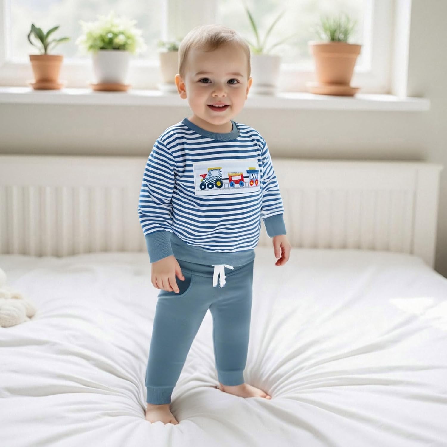 FOMOYUU Baby Boy Fall Winter Outfits Striped Embroidered Waffle Sweatshirt Infant Pullover Top Pants Sets Toddler Clothes - Image 6