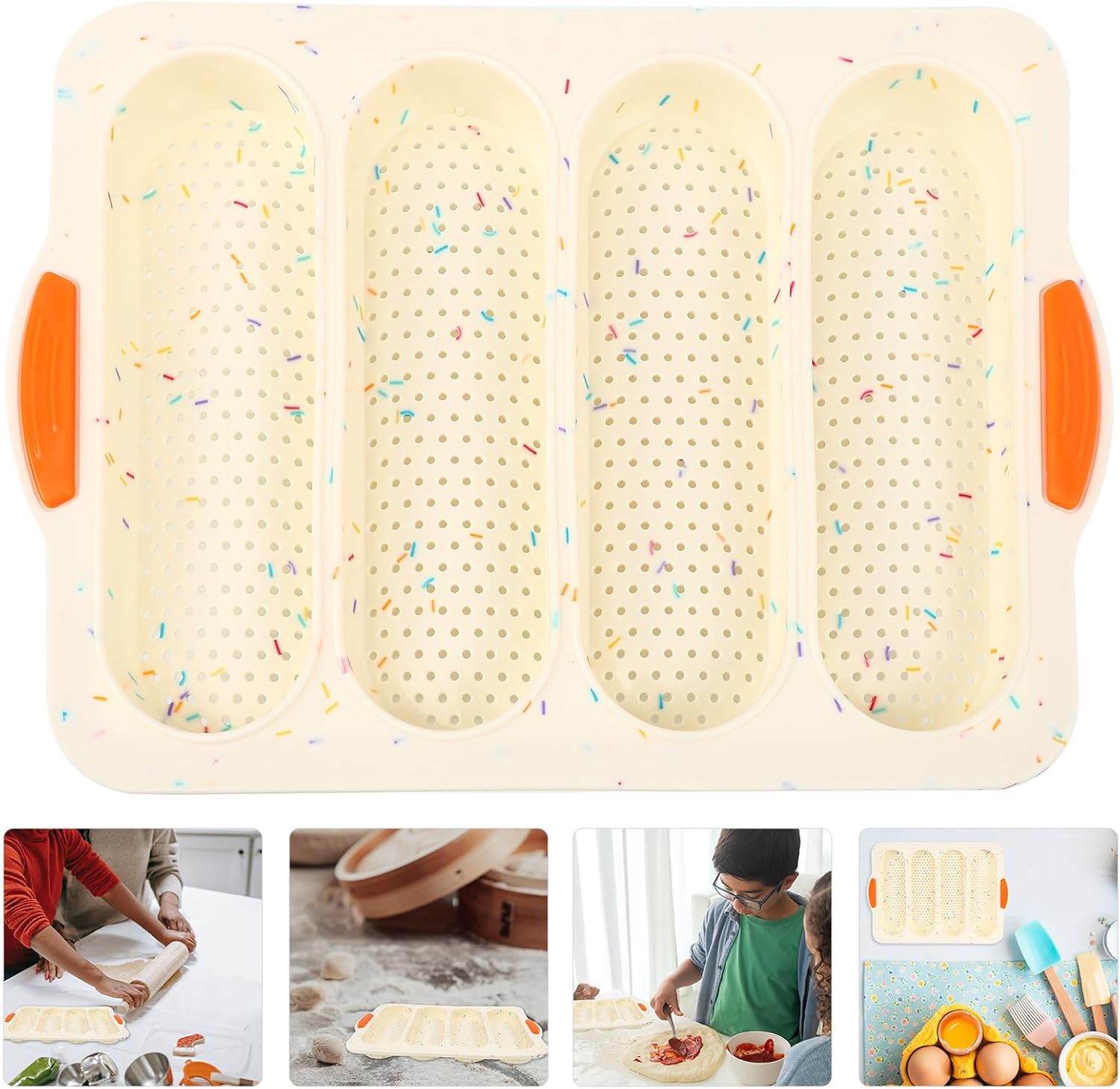 BESPORTBLE 4-slot Silicone Baguette Baking Mold Non-stick Bread Tray Kitchen Bakeware for Oven Baking French Bread Pan Beige Color Stripe