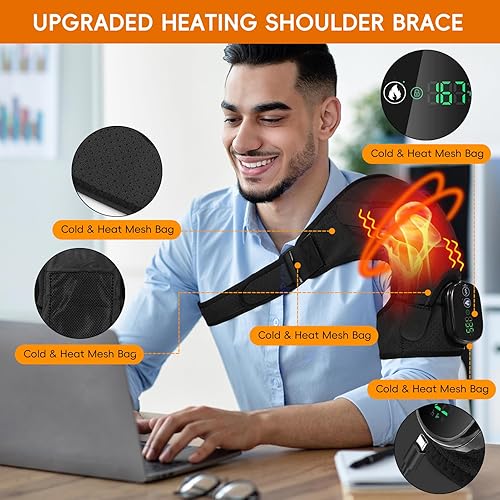 Miniatura 3 de Almohadilla térmica de hombro, envoltura térmica inalámbrica con vibración, 3 almohadillas térmicas ajustables para aliviar el dolor de hombro,