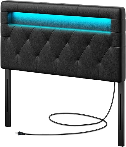GREENSTELL - Cabecera para cama individual con 60,000 colores de luz LED DIY, USB y puerto tipo C, se fija a la estructura, altura ajustable, solo