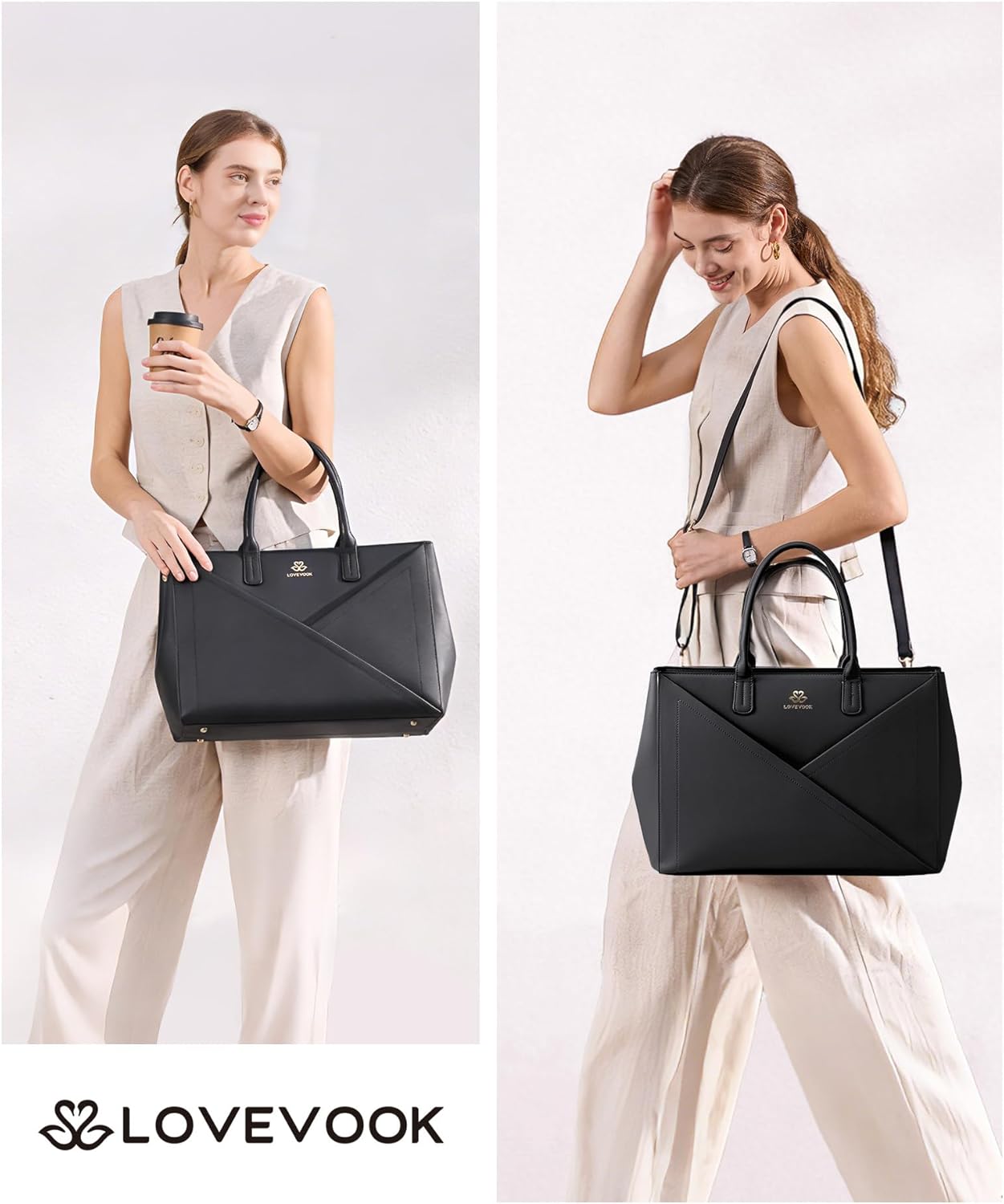 LOVEVOOK Laptop Tote Bag for Women with Large Cup Holder, 15.6 Inch PU Leather Work Bag Teacher Tote Bag, Waterproof Computer Bags Business Office Briefcase Handbag - Image 2