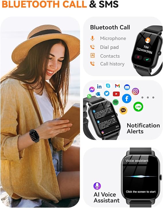 Smart Watch for Men Women,1.85 inch HD Screen Bluetooth Fitness Tracker Step Counter/Sleep Monitor,110+ Sports Modes,IP68 Waterproof Smart Watch Compatible with iPhone Samsung Android Phone, Black