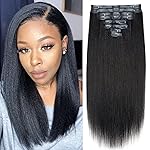 Mihugass Seamless PU Yaki Straight Clip in Hair Extensions Real Human Hair For Women Invisible Yaki Straight Clip ins (12inch,1B)