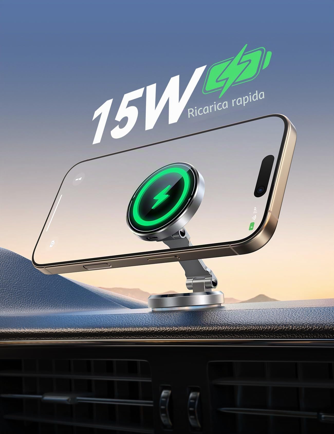 JOYROOM Supporto Telefono Auto da 15W con Funzione di Ricarica [Rotazione Doppia Lato] Caricatore Wireless Auto per Cruscotto,Portatelefono da Automobile per iPhone 17 16 15 14 13 Pro Max Plus,Argento