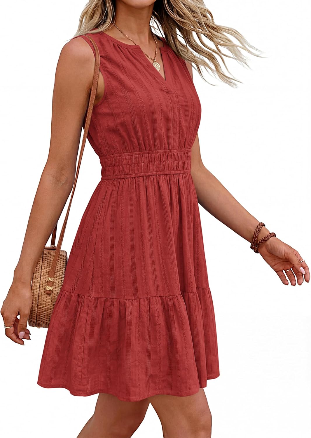 BTFBM Women’s Summer Dresses 2026 Sleeveless V Neck Casual Mini Dress Swing Boho A Line Beach Vacation Sundress Pockets - Image 4