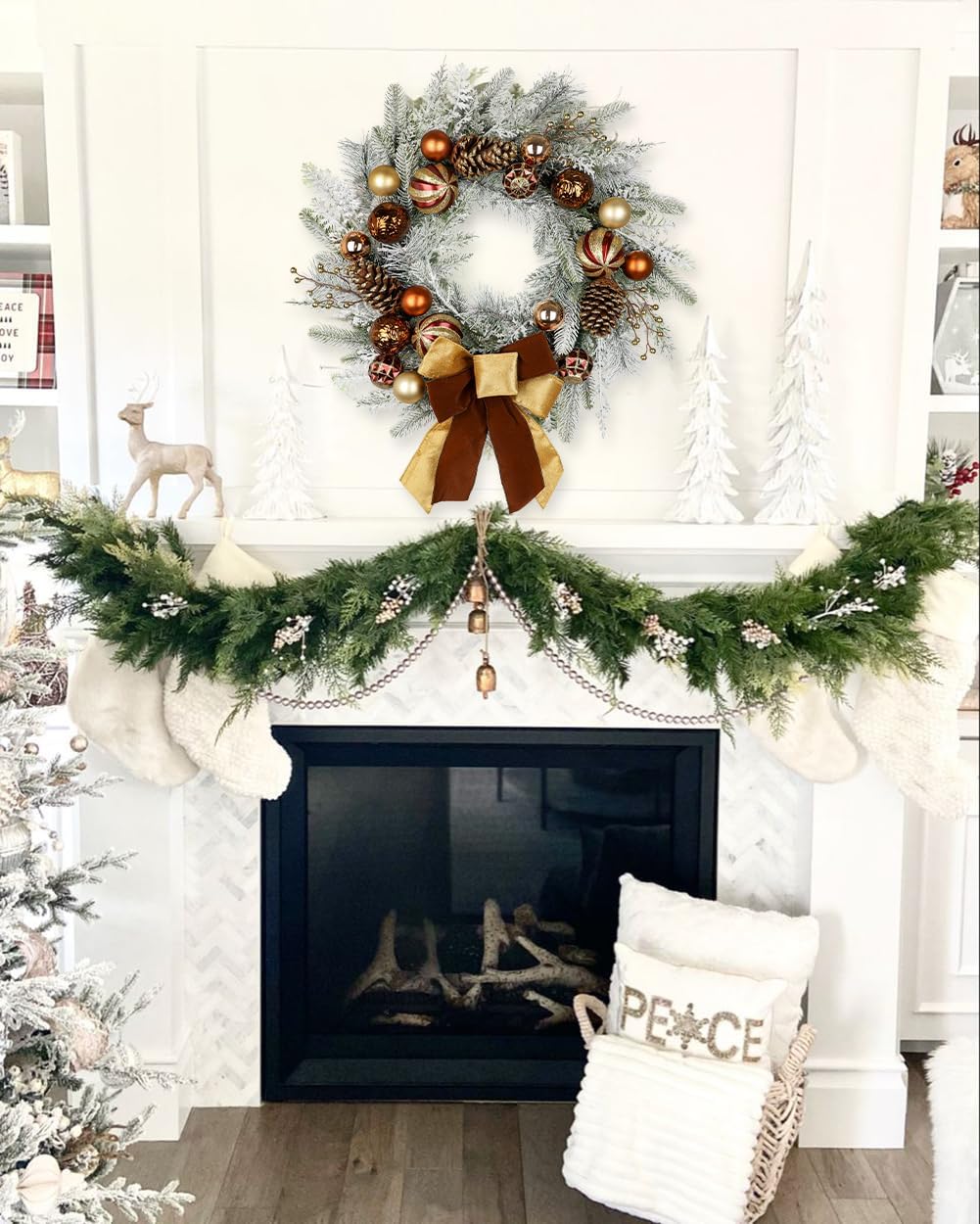 24" Christmas Wreath for Front Door Artificial Unlit Winter Wreath with Pine Cones, Berry Clusters, Bronze Ball Ornaments and Ribbon for Thanksgiving Holiday Christmas Decoration - Image 5