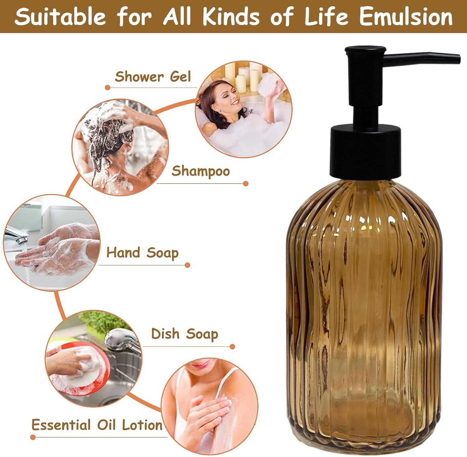 Black Pump Glass Soap Dispenser, 13.5oz Brown Stripe Countertop Refillable Liquid Bottle Hand Dish Lotion Dispenser with Plastic Pump, for Kitchen, Bathroom Countertop - Image 3