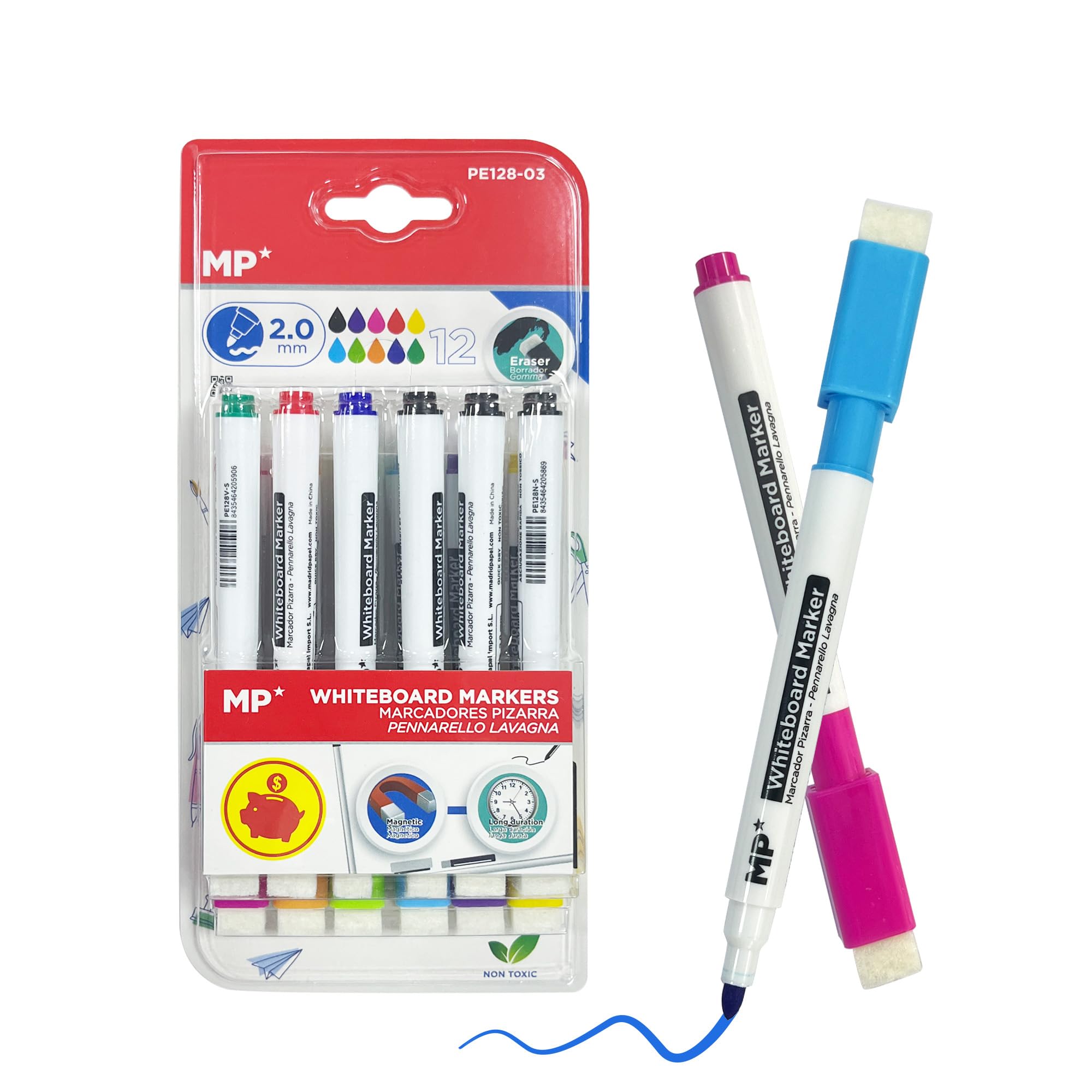 MP Rotuladores pizarra blanca Punta Media (2mm) con Tapa de Borrador Magnética Óptimo para Uso Escolar y Oficinas 12 Colores Surtidos