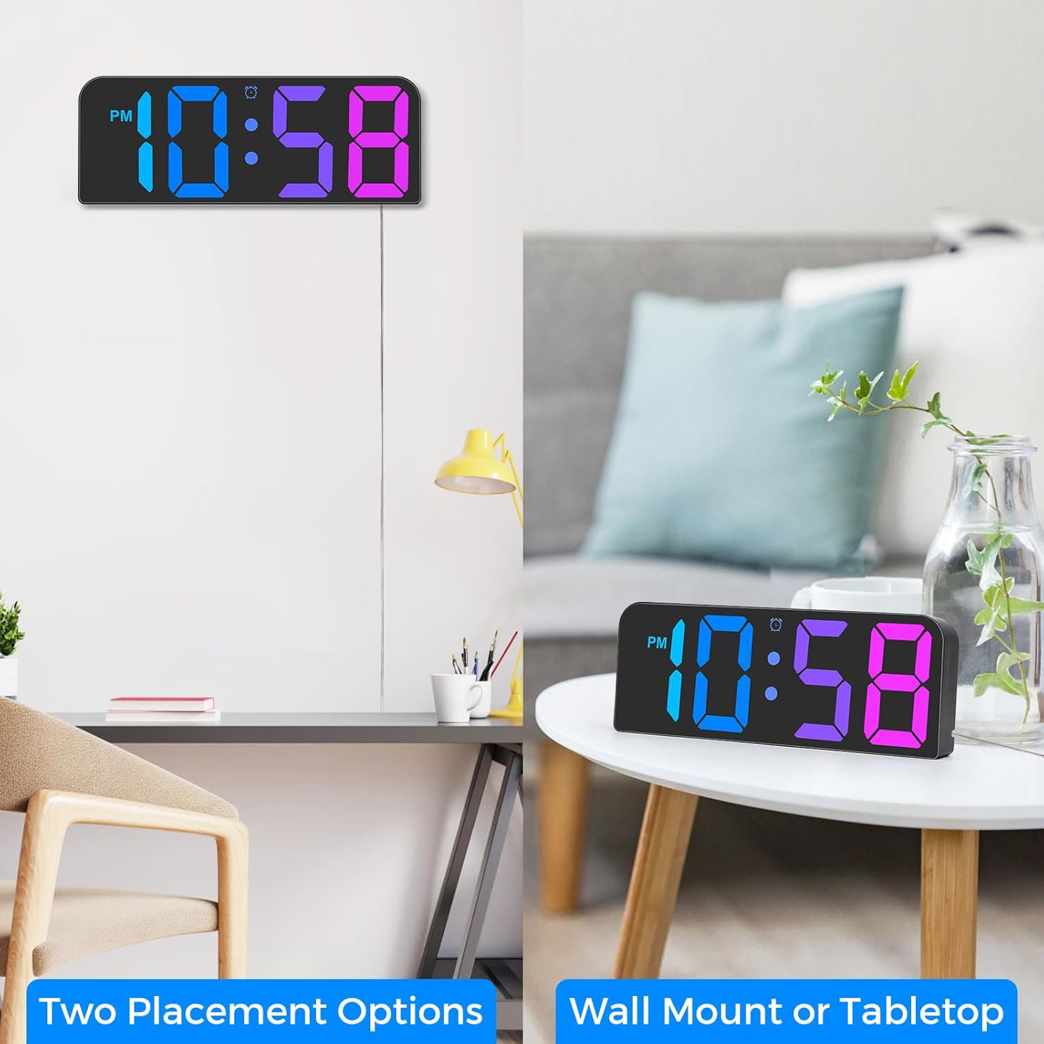 Image showing two placement options for the Meloya Digital Wall Clock: wall mounted in a living room and placed on a tabletop beside a couch.