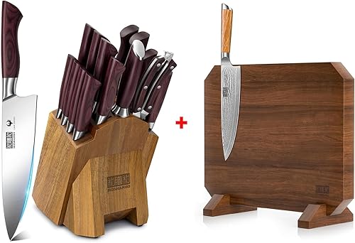 HOSHANHO Juego de cuchillos de cocina con bloque de 18 piezas y soporte grueso de madera de acacia con imanes fuertes