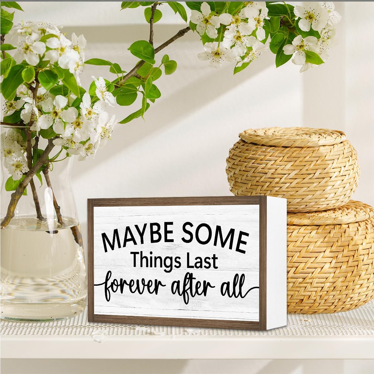 Maybe Some Things Last Forever After All Wooden Box Sign Desk Decor,Rustic Farmhouse Love Sign Wood Block for Home Bedroom Shelf Tabletop Wall Decor image 4