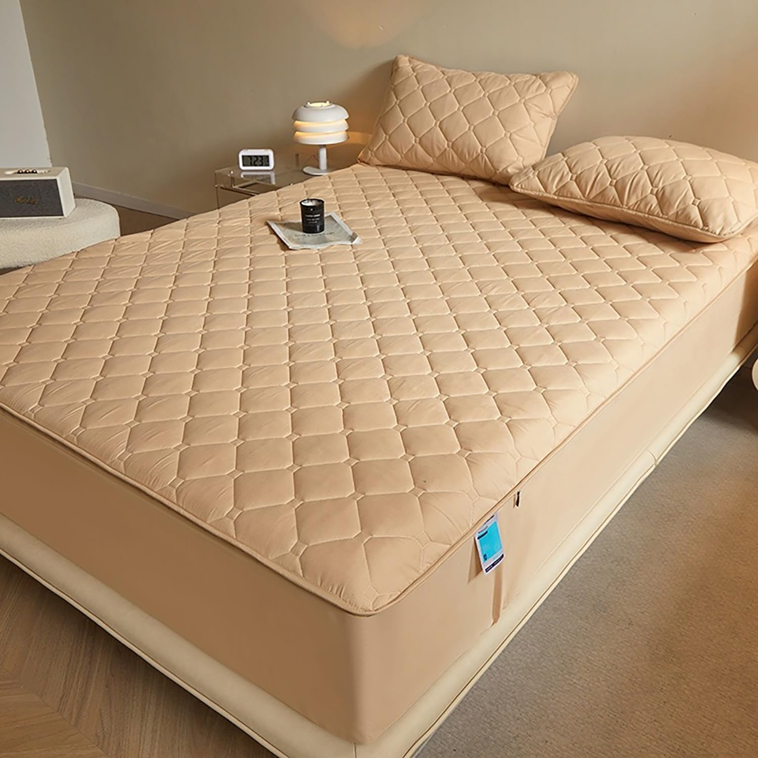 Coprimaterasso con Cerniera - Fodera Materasso Trapuntato, Imbottito, 80x190/90x190/120x190/140x200/160x190 cm, Personalizzabile, Protettivo e Respirante(Cachi,90x200+15cm)