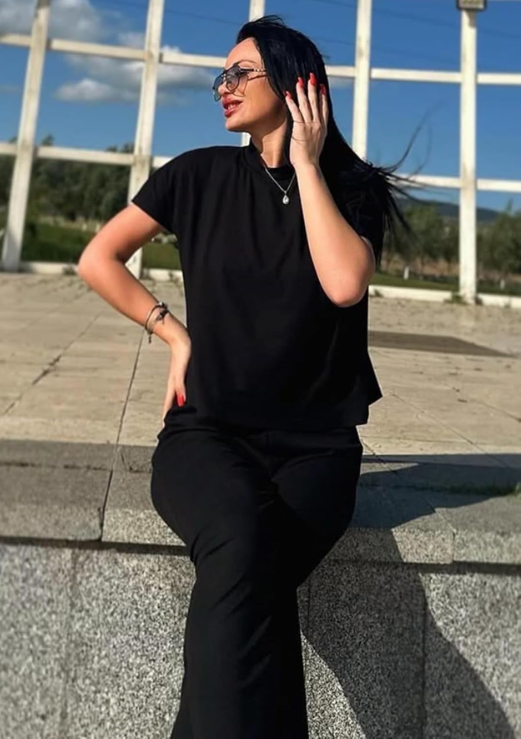 Dressmine Pants Sets Women 2 Piece Outfits Summer Mock Neck Knit Travel Lounge Set Dressy Airplane Travel Clothes - Image 4