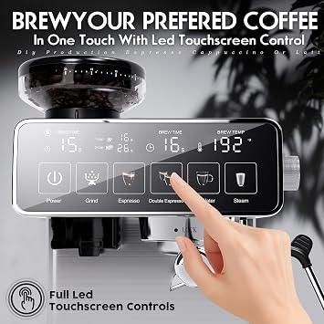 PULZO Espresso Machine with Grinder, 20 Bar, Milk Frother Steam Wand, Touch Screen, All-in-One Stainless Steel Coffee Maker for Home, to Make Latte, Cappuccino, 67oz Detachable Water Tank