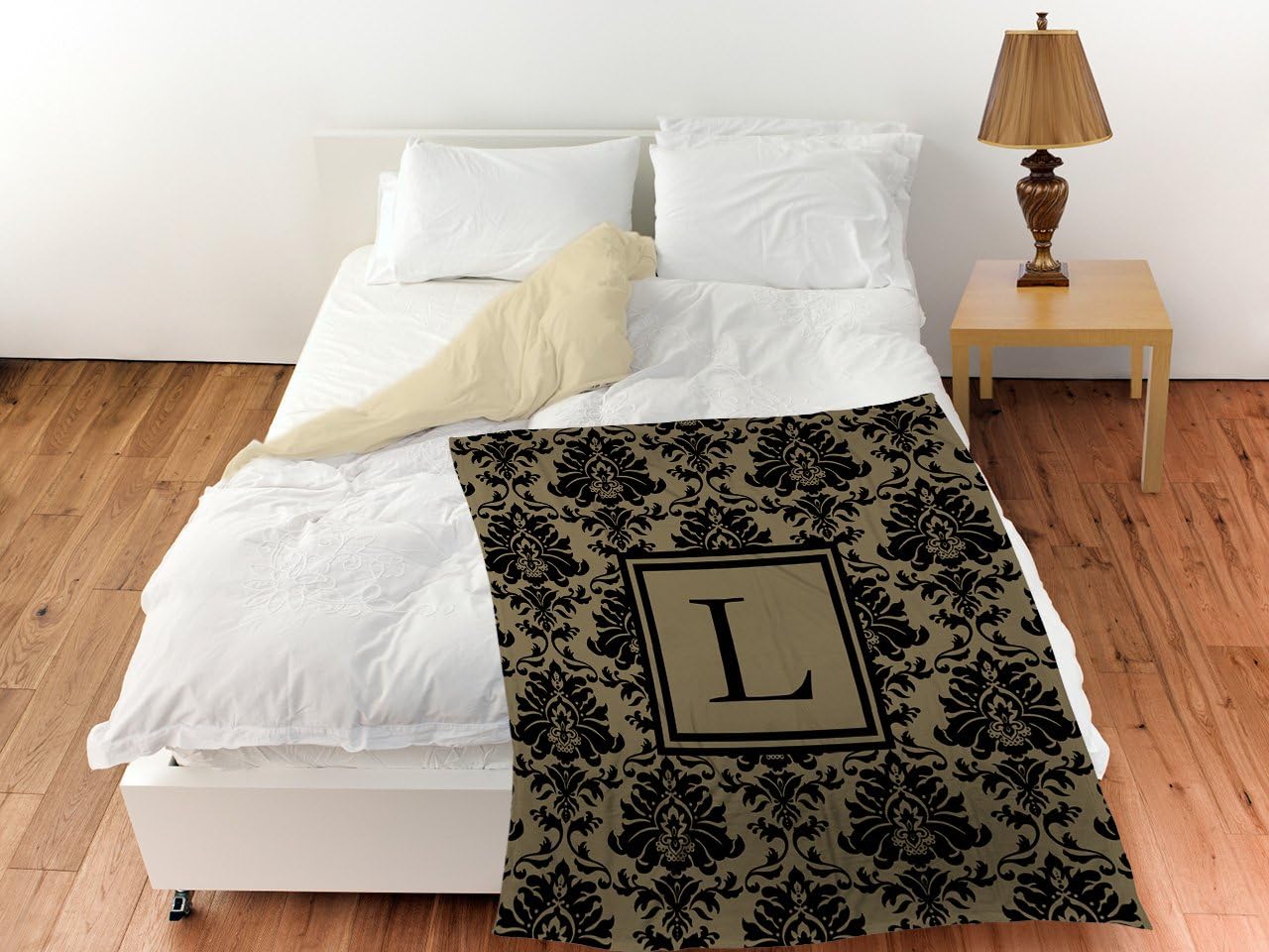 Manual Woodworkers & Weavers Coral Fleece Throw, 60 by 80-Inch, Monogrammed Letter L, Black and Gold Damask