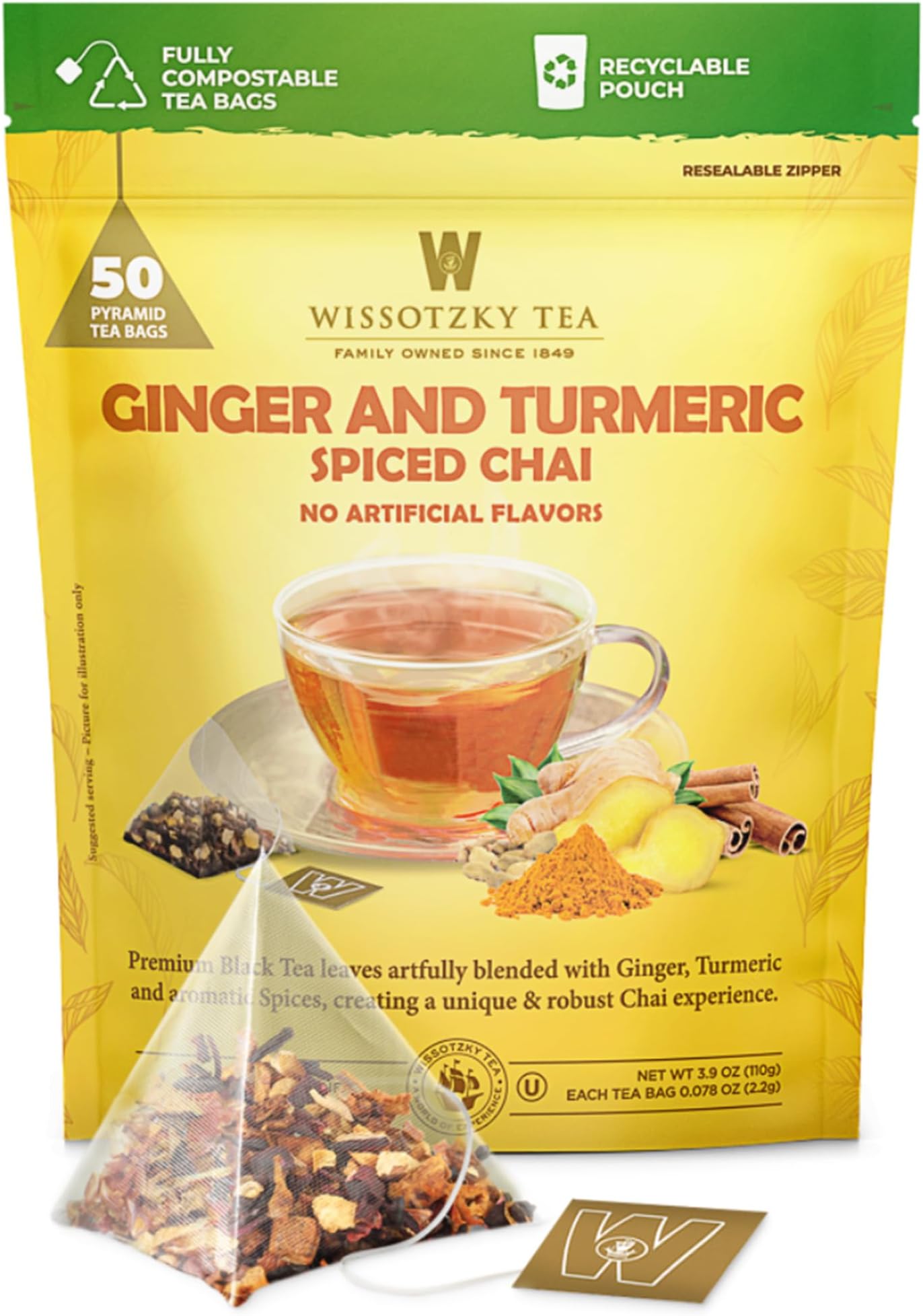 Wissotzky Tea Ginger Turmeric Spiced Chai - Pack of 50 Tea Bags