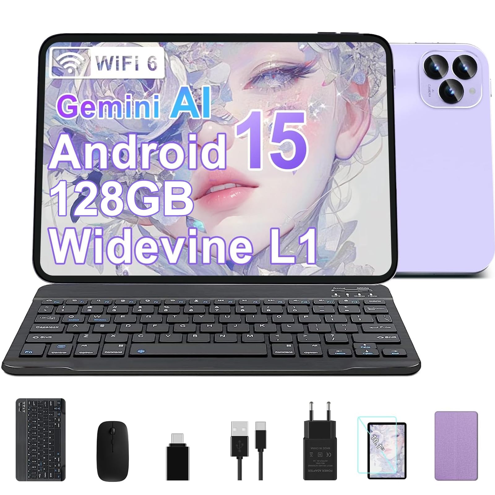 SUAAT 2026 Tablet 10 Zoll, Android Octa-Core, 128 GB ROM +2 TB TF | WiFi 5G + 2,4G | GPS | Bluetooth 5.0 | 8 MP + 5 MP | Typ-C, Touchscreen, Tastatur und Maus – Lila