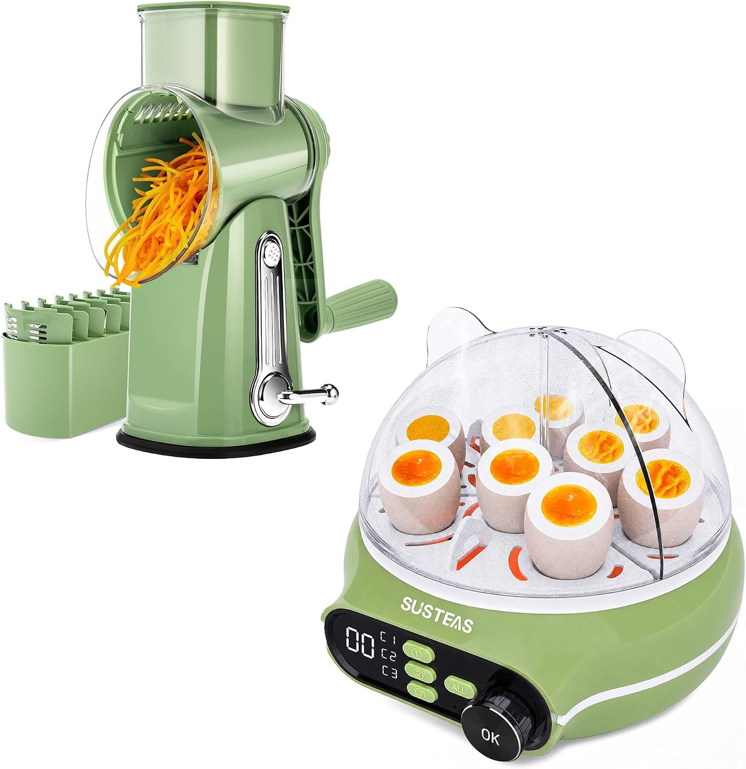 SUSTEAS Breakfast Prep Bundle 9-Capacity Rapid Egg Cooker (Soft/Medium/Hard, Timer, Voice Prompts) and Rotary Cheese Grater (5 Blades, Suction Base, Blade Storage Box) – Retro Green