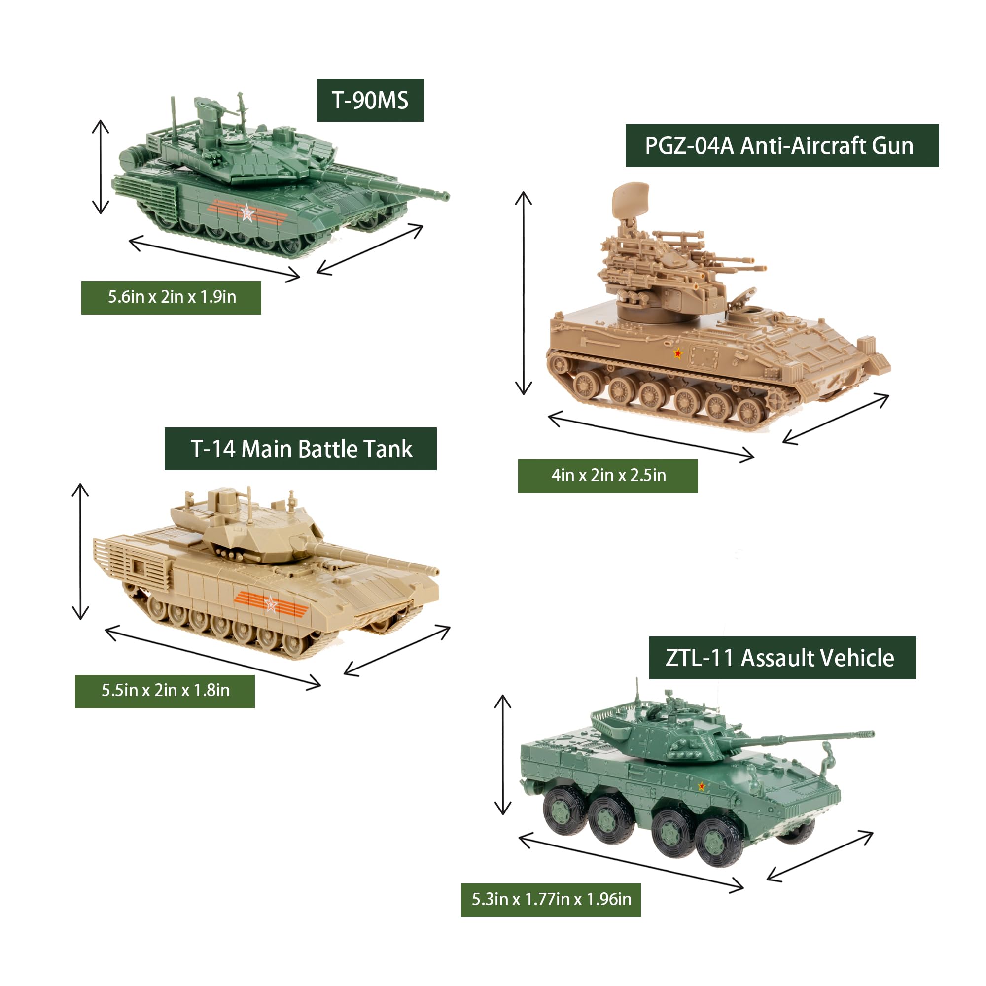 INGWETECH 1:72 Military Vehicle Model Set - ZTL-11 Assault Vehicle, PGZ-04A Anti-Aircraft Gun, T-90MS & T-14 Tank - DIY Assembly and Painting Kit with 40 Mini Soldier Figures for Collectors& Hobbyists - Image 2