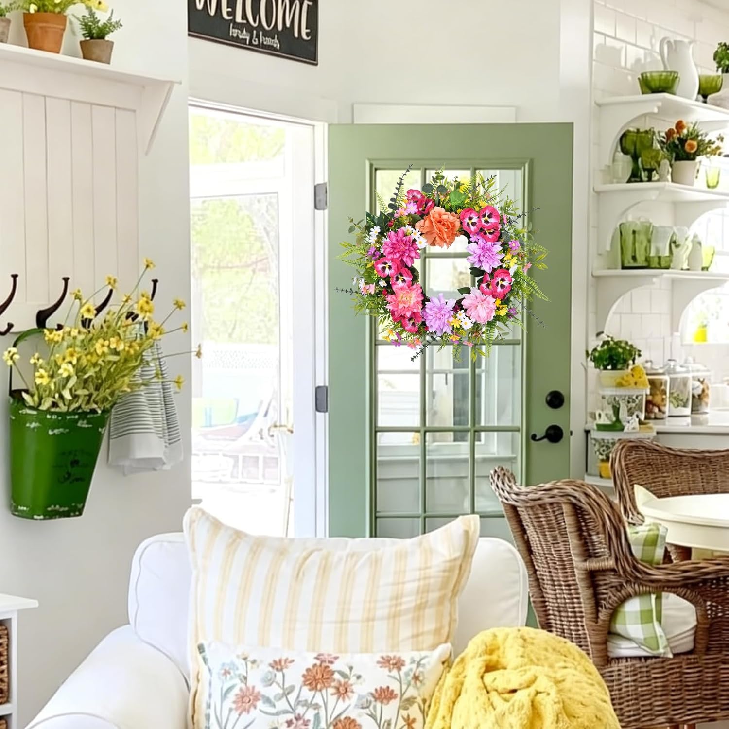 Spring and Summer Wreaths for Front Door 22 Inch Floral Door Wreath with Dahlia Daisy Eucalyptus Pink Purple Silk Flowers Wreath for Outside Indoor Home Wall Fireplace Wedding Easter Decor