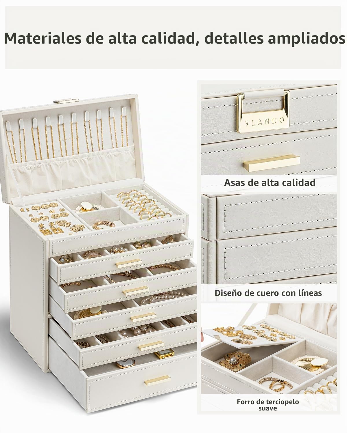 Vlando - Joyero grande de 6 capas, organizador para cajón, collar, anillo y reloj