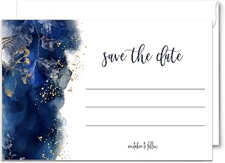 Paper Clever Party Blue Watercolor Save the Date Cards with Envelopes - 25 Pack - 3.5x5 Gold Floral Design - All Occasion Cards for Weddings, Birthdays, Graduations