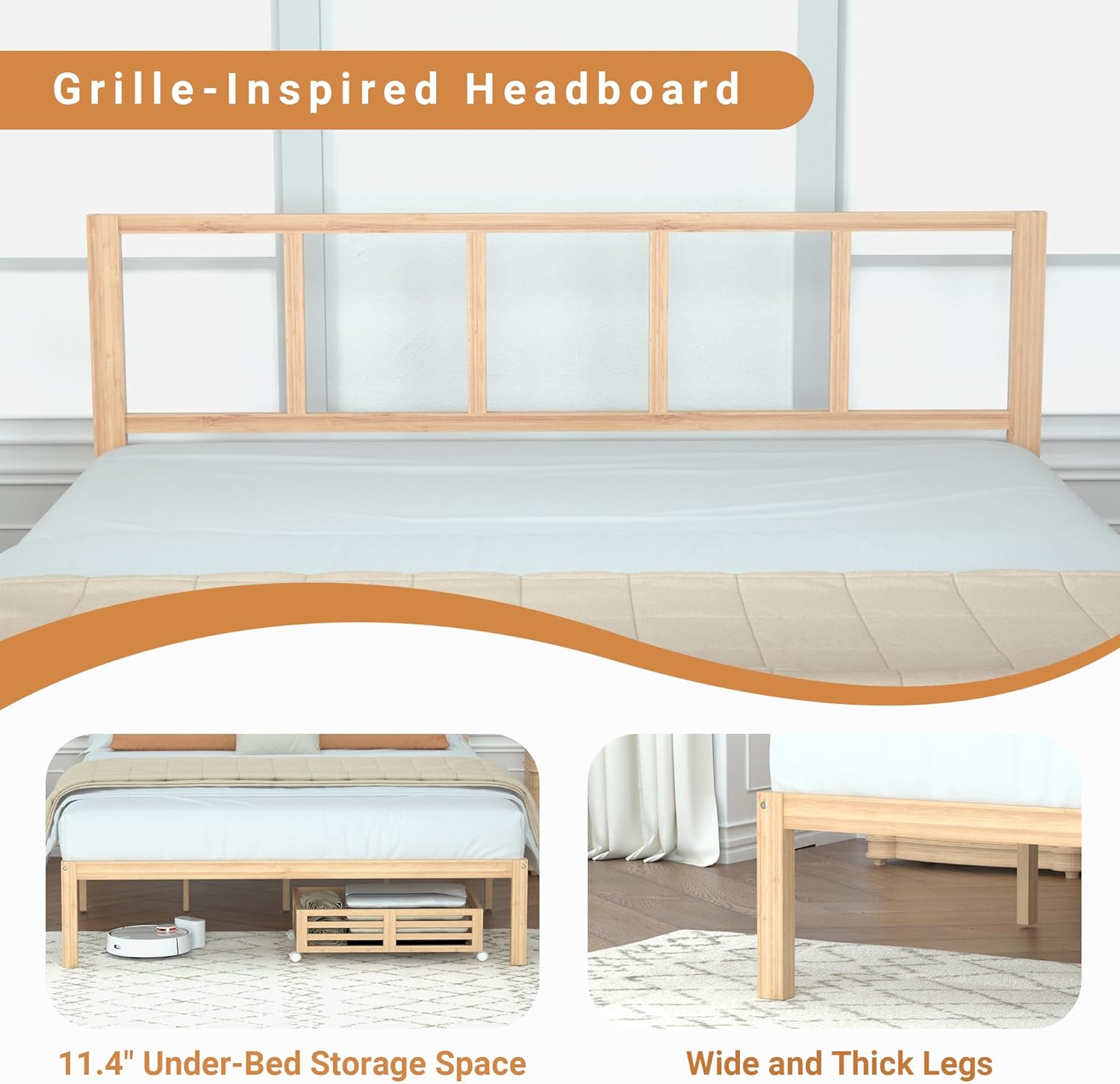 Full Bed Frame with Headboard 14" Bamboo Wood Platform Beds with Non-Slip Slats Support, Under-Bed Storage, Heavy Duty Bed No Box Spring Needed 9 Sturdy Legs Noise Free, Natural - Image 4