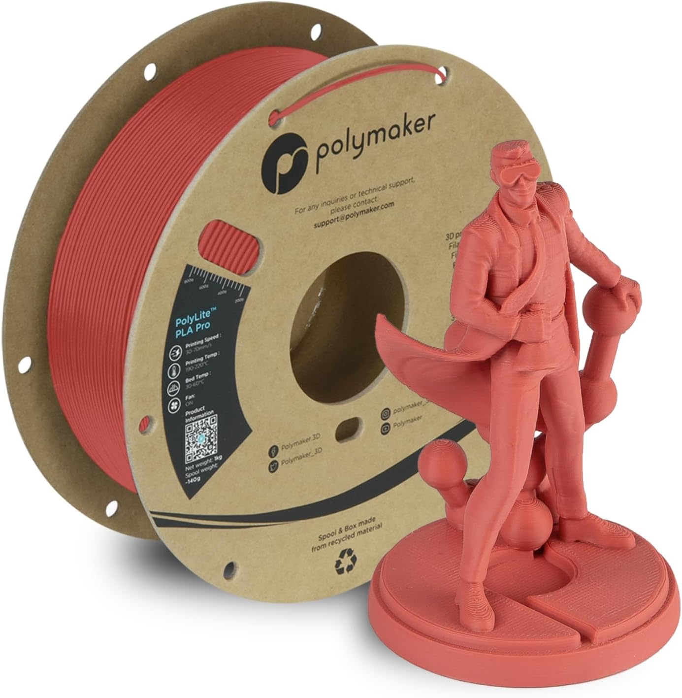 PolyMaker PLA PRO Filament 1.75mm Light Red - Tough & High Rigidity 3D Printing Filament 1kg
