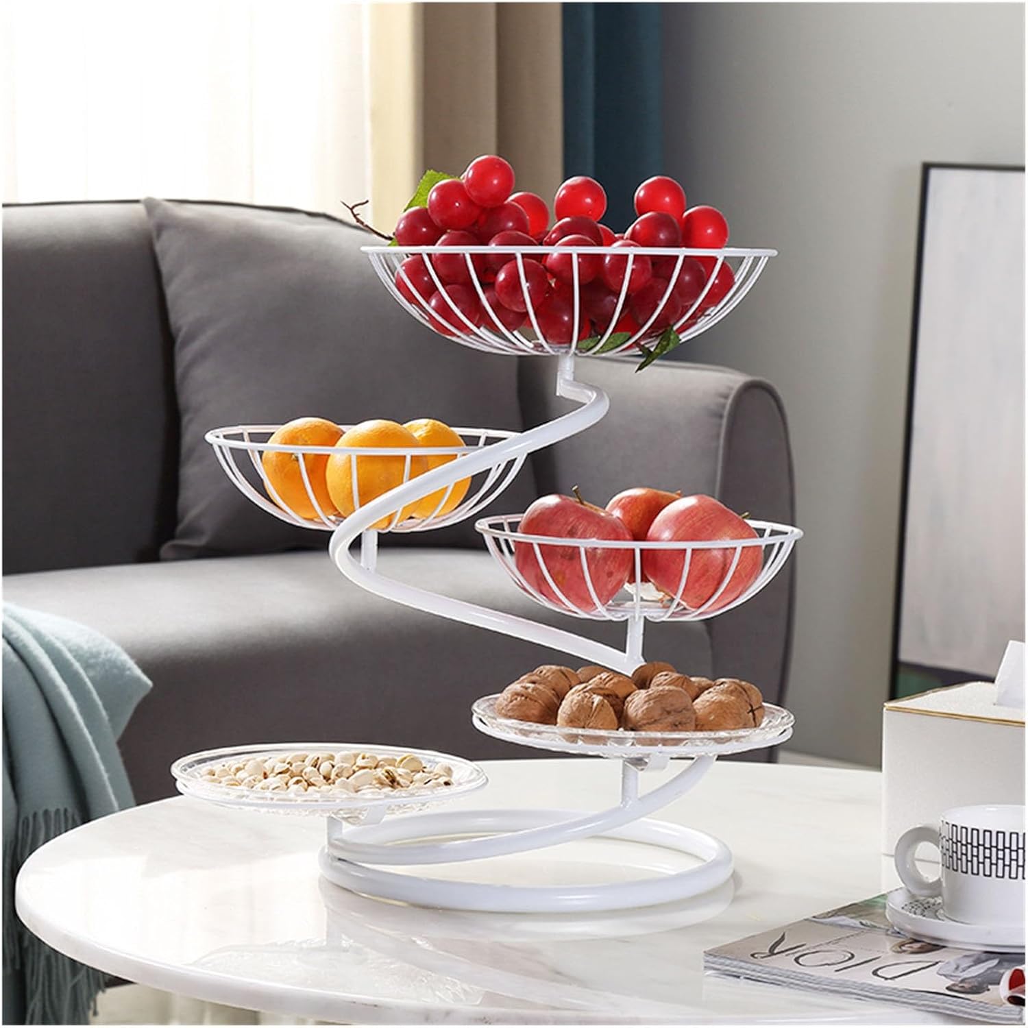 Fruit Bowls Multi-Layer Metal Fruit Plate, Fruit Basket Stand, Modern Metal Fruit Bowl for Home Kitchen Centerpiece, Decorative Countertop Fruit Basket Holder Vegetable Bowls(White-A)