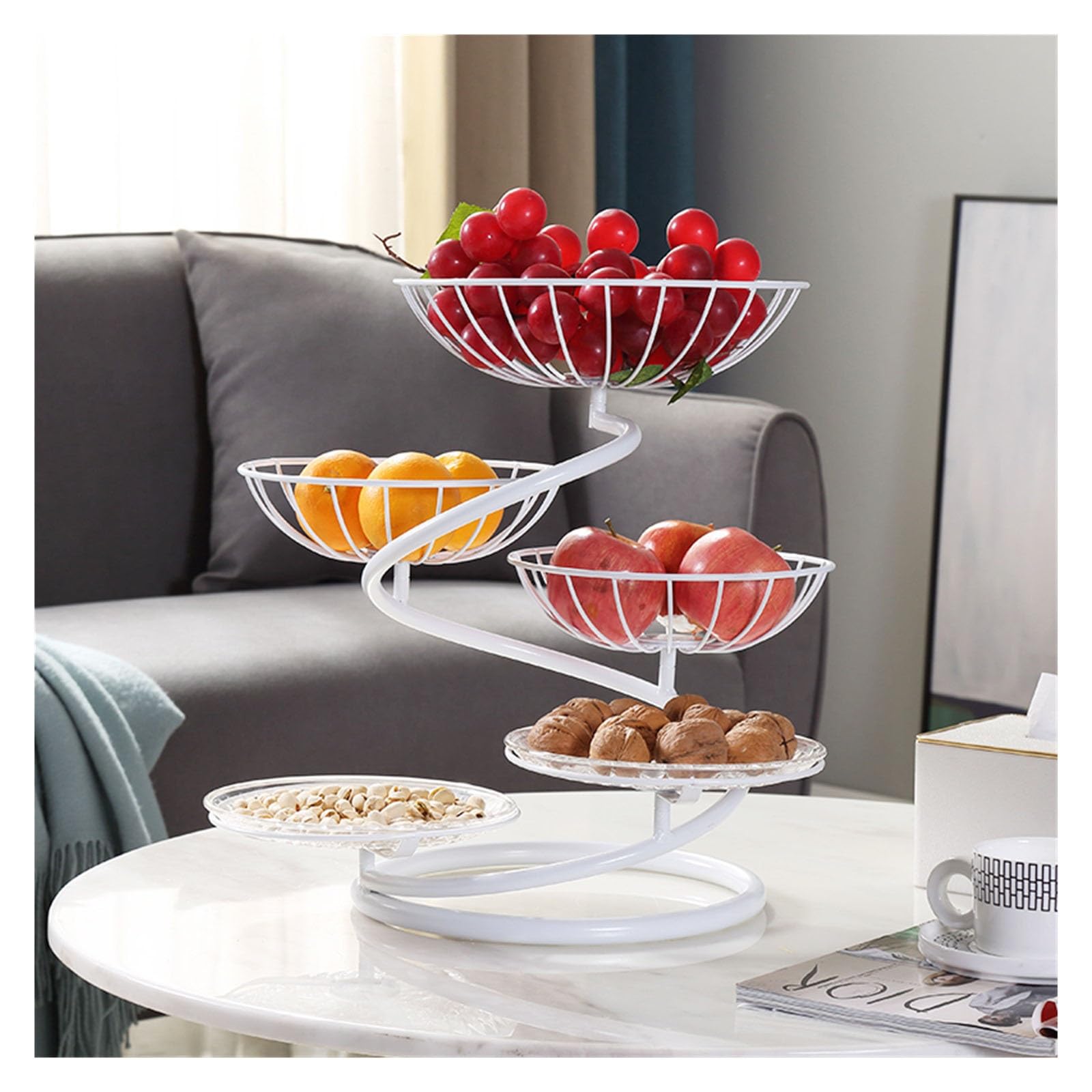 HPTHLY Fruit Plate Multi-Layer Metal Fruit Plate, Fruit Basket Stand, Modern Metal Fruit Bowl For Home Kitchen Centerpiece, Decorative Countertop Fruit Basket Holder Fruit Bowl (White)