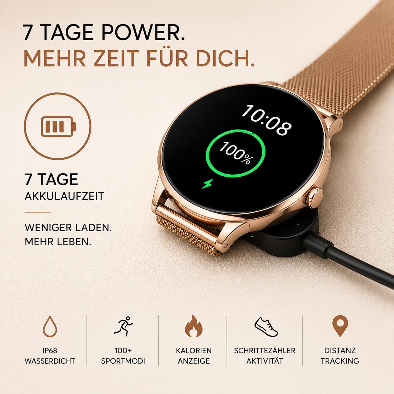 XCOAST SIONA 2 Damen Smartwatch Roségold 1,3" AMOLED Fitnessuhr Herzfrequenz Blutdruck SPO₂ IP68 wasserdicht 7 Tage Akku Android iOS