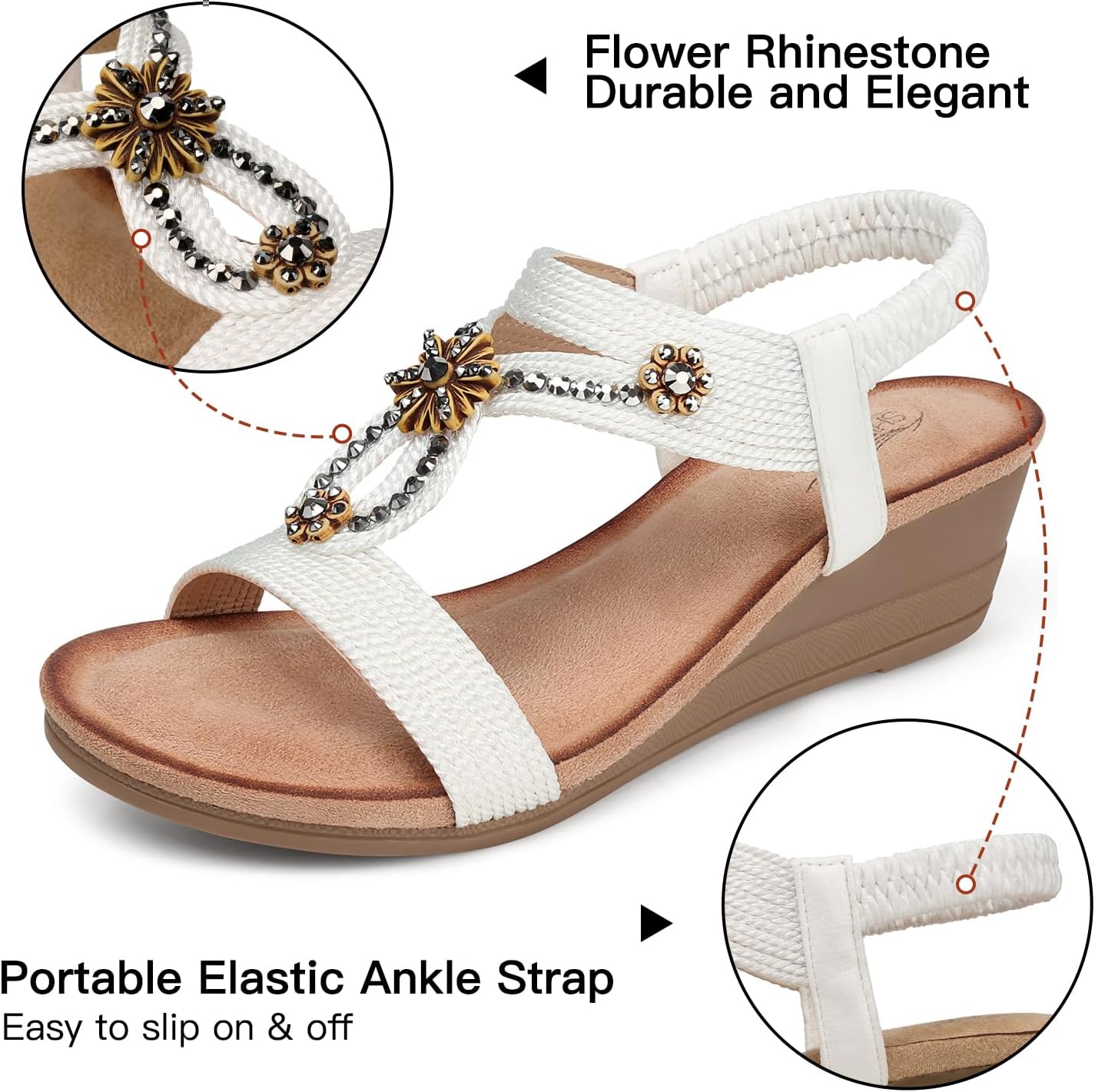 SHIBEVER Womens Wedge Sandals Flower Low Heel Dressy Sandals Elastic Ankle Strap Rhinestone Summer Comfortable Shoes