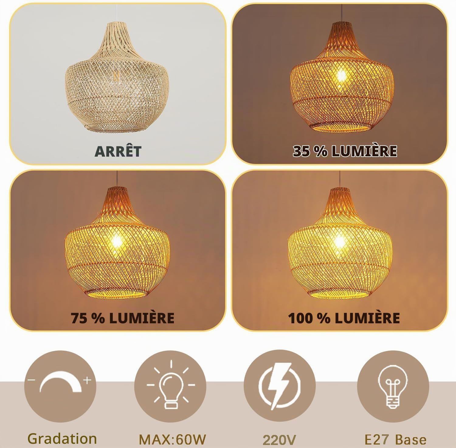 Boho Lustre Salon Rotin,34Cm Tissé à La Main Suspension Luminaire Ferme E27 Luminaires IntéRieur Pour Cuisine Chambre Salon Salle à Manger