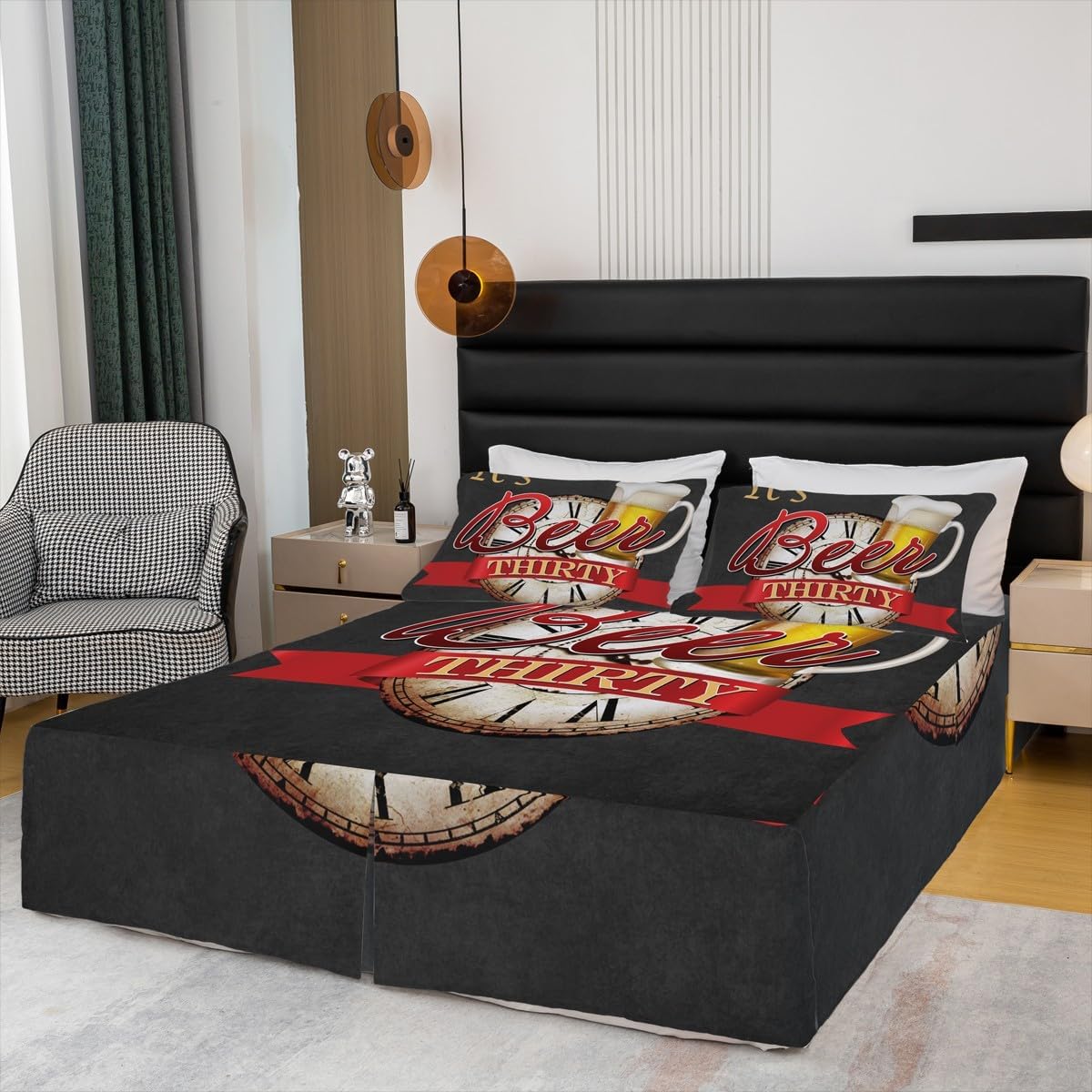 Cheer and Beer Theme Bedskirt King Size Beer Festival Bedding Set 3Pcs for Kids Boys Men Adult Room Decor Teens Black Red Fashion Bed Skirt Drink Style Split Corner Bed Wrap,2 Pillowcases