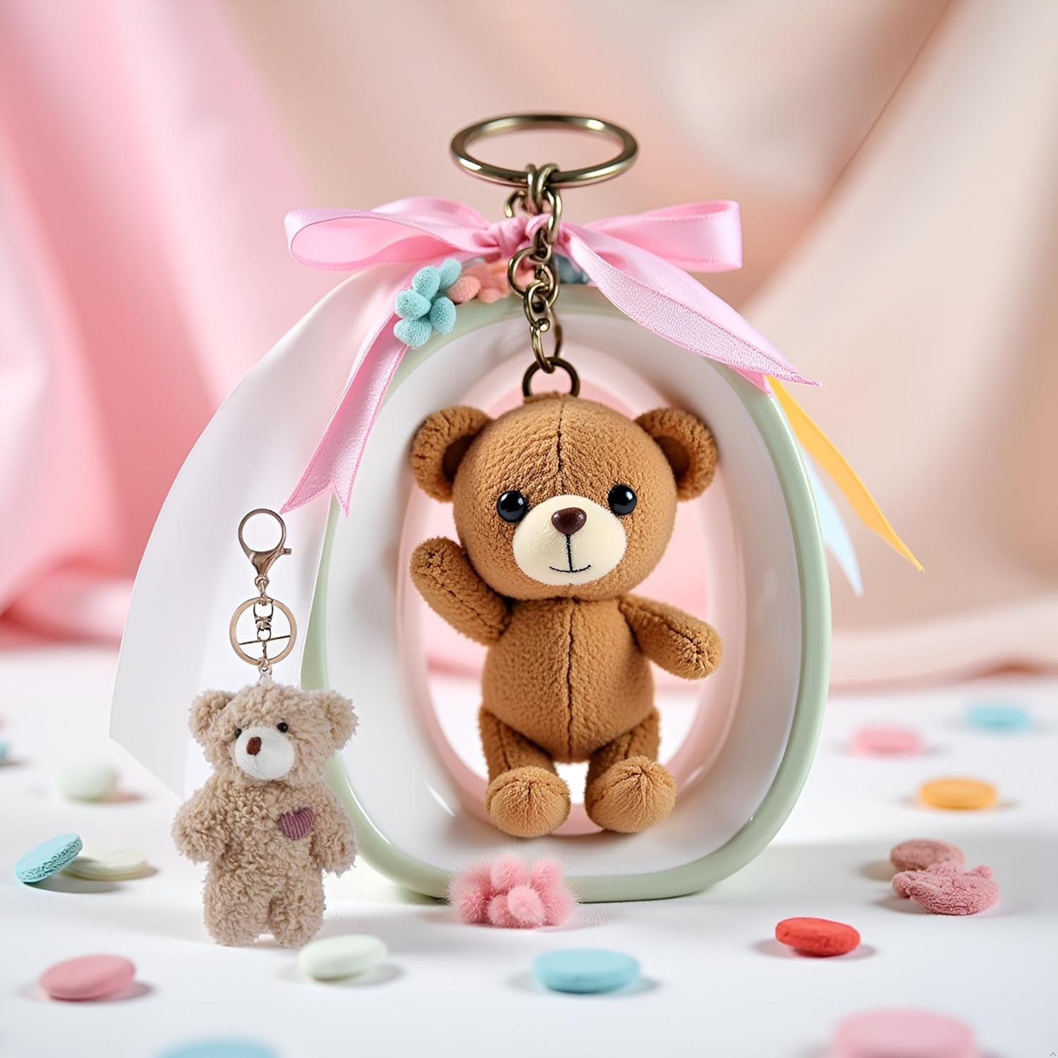 BWESOO Brown Bear Plush Keychain, Stuffed Animals Bag Pendant, Kawaii Plush Rabbit Keychain, DIY Trinket Dog Keyring Car Pink Heart Teddy Bears Automobile
